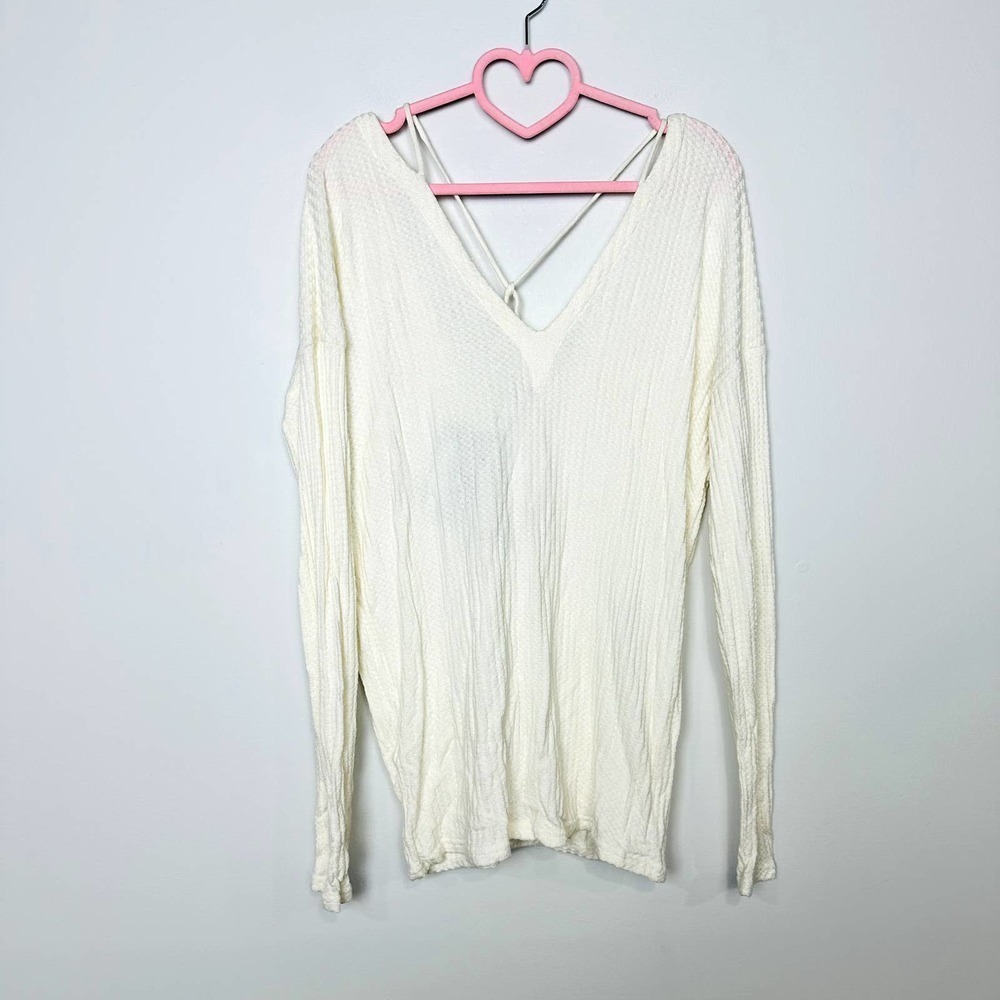 Chaser NWT Thermal Knit Deep V-Neck Strappy Long Sleeve Tunic Top Foam Medium